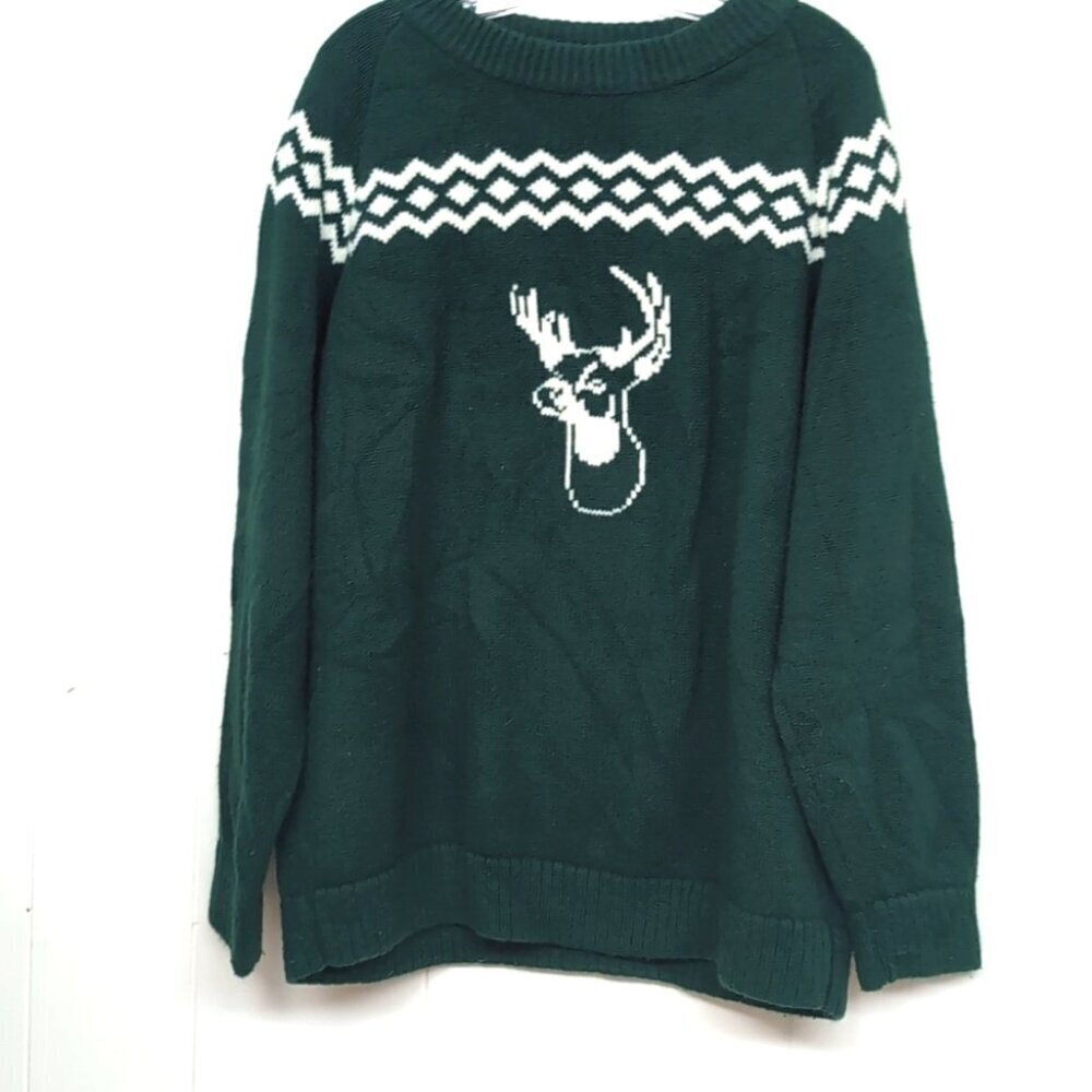 Vintage unisex green knit stag sweater L XL